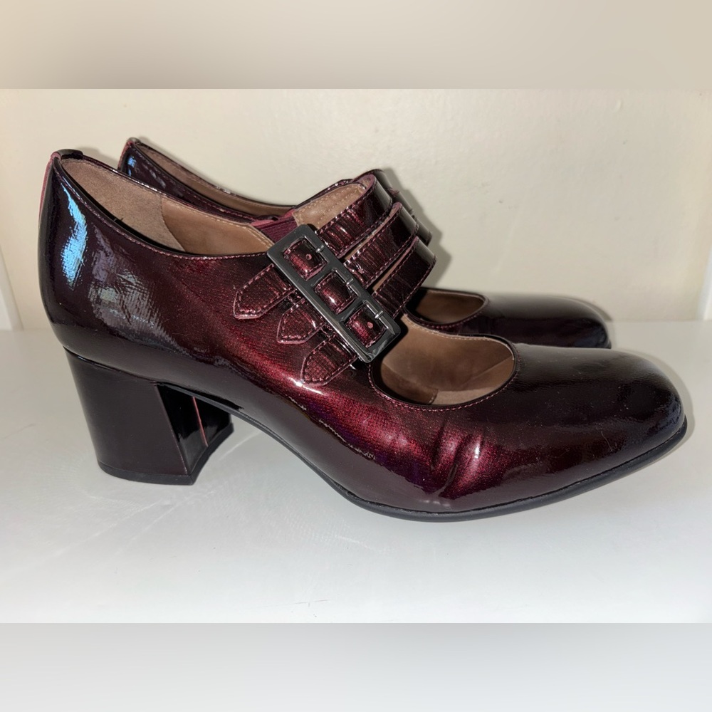 Earthies Burgundy Patent Leather Heels wine color.